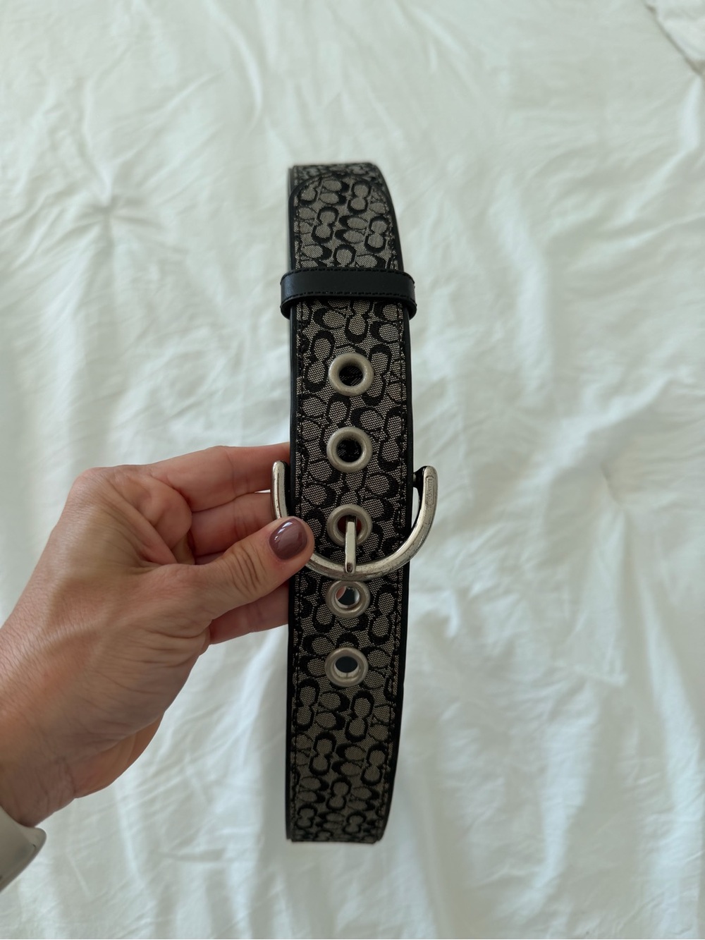 Coach Monogram Canvas Belt in Black and Tan with Silver Buckle